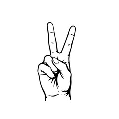 Hand gesture with two fingers raised in a victory sign, against white, with copy space