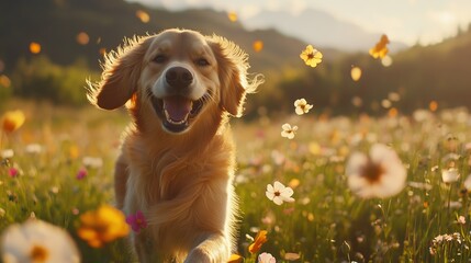 A joyful golden retriever running through a colorful flower field, surrounded by vibrant blooms and sunshine.