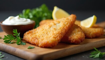 Crispy fried fish fillets with tartar sauce and lemon wedge on wooden board. Fish dish meal, herbs and garnish. Fresh homemade food, culinary arts presentation.