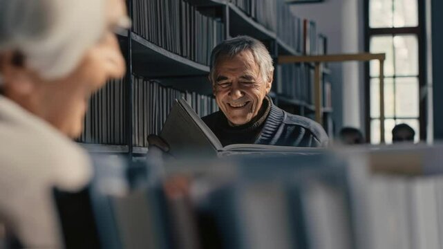 A senior man smiles as he reviews research papers on gene therapy surrounded by a plethora of books about biotechnology representing lifelong learning and engagement with