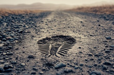 A single tire track imprints a muddy gravel road with a mountain landscape in the background