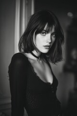 Naklejka premium Brunette fashion model, style and make-up shoot black and white Portrait. Style fashion. Dramatic. Elegant. 