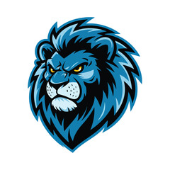 A bold muscular lion with a menacing scowl, looking sideways with piercing yellow eyes, its fur a vibrant electric blue, mascot style