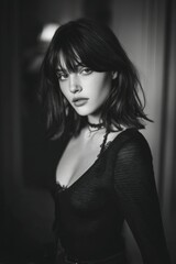 Brunette woman, style and make-up shoot black and white Portrait. Style fashion. Dramatic. Elegant.	