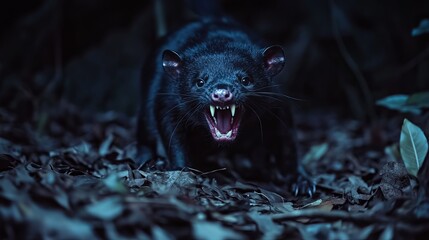 Obraz premium A fierce Tasmanian devil snarls in the darkness, showcasing its sharp teeth and vibrant eyes amidst a forest floor of leaves.