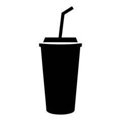 Black silhouette illustration of a disposable cup witha lid and a straw backdrop on a transparent background