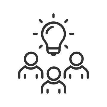 Group of people brainstorming together, with a light bulb shining above them symbolizing a bright idea. Concept for teamwork, innovation, and problem-solving