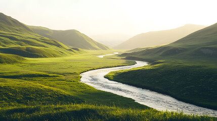 Fototapeta premium Serene River Valley: A captivating view of a river snaking its way through a verdant valley, cradled by rolling hills. Sunlight bathes the landscape.