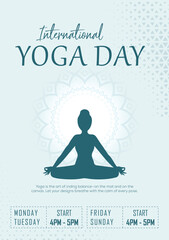 International Yoga Day Flyer poster, yoga on the background minimal digital flyer illustration with soft mindful color combination with free spaces