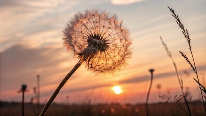 Fototapeta premium Golden Dandelion Sunset, backlit, close up, soft, gentle ,nature, seedhead