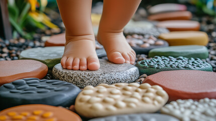 Sensory Baby toddler experience. Feet are shown stepping on a colorful pebble path in a garden, representing sensory exploration and early childhood development. Image made using Generative AI.