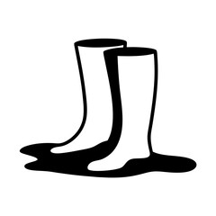 Black and image of two galoshesstanding in a puddle of dark water on a transparent background