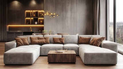 Modern apartment living room, sectional sofa, city view