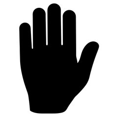 Simple black and illustration of ahand gesturing to stop with the palm up on a transparent background