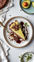A tantalizing slice of avocado chocolate cheesecake on a white plate with crumbled topping and an elegant fork.