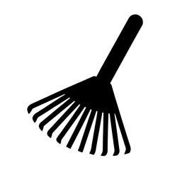 Black silhouette of a rake used for gathering leaves and yard debris,viewed from an angle on a transparent background