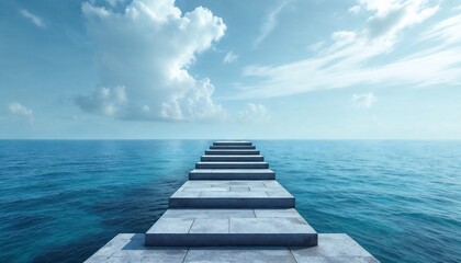 Fototapeta premium Journey to the Horizon: A stone walkway extends into the infinite expanse of the ocean, under a sky of gentle clouds. Explore the concepts of possibility, aspiration.