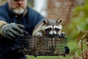 Wildlife control worker carrying trapped raccoon in cage for relocation, animal rescue and humane removal concept, professional handling of wild animals in suburban environment, conservation safety ac
