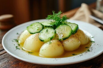 Classic dish boiled potatoes sliced herring and pickled cucumbers on a white plate on a wooden table viewed from the side