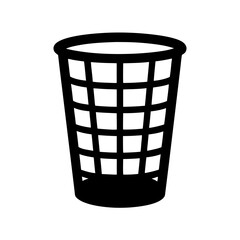 A black vector image of a trashcan or wastepaper basket with a woven design on a transparent background