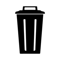 Black and minimalist trash can orrecycling bin icon with lid and handle on a transparent background