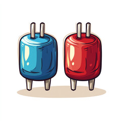 A vibrant illustration of a blue and red electrical capacitor, showcasing its unique shape and connectors in a playful design.