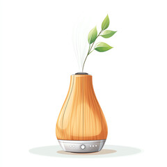A stylish wooden essential oil diffuser emitting mist and adorned with a green leaf, perfect for relaxation and aromatherapy.