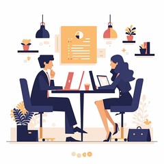 Two focused professionals collaborating in a modern office workspace setting