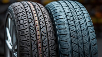 Two tires showing different tread patterns, up close