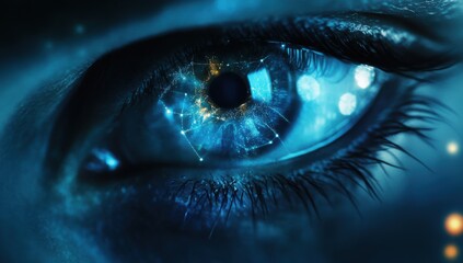 A close-up of a blue eye with a digital network pattern overlay
