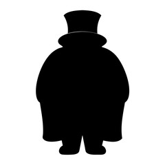 Silhouette of a corpulent character wearinga top hat and a long coat on a transparent background