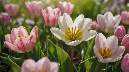Fototapeta premium Blooming white and pink fringed tulips fill a vibrant field, basking in warm sunlight and creating a stunning springtime scene full of color and natural beauty