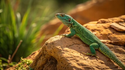 Fototapeta premium Green Lizard on Rock, full body, sunny, wildlife, nature ,reptile