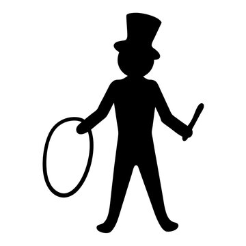 recommend clip art: Silhouette of a circus ringmaster figure with a top hat,holding a whip and loop on a transparent background