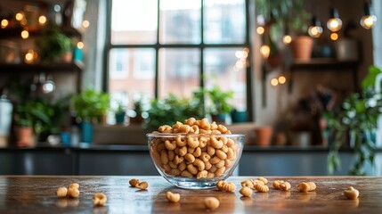 Bowl of pasta on counter. Plants in background and fairy lights