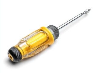 Handheld screwdriver with yellow grip and metallic shaft on white background for DIY projects and repairs
