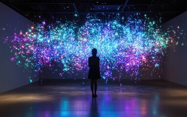 Silhouette figure in front of vibrant light installation