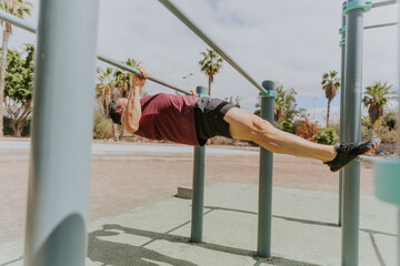 A strong man is doing Australian pull ups at a calisthenics outdoor gym in a tropical location