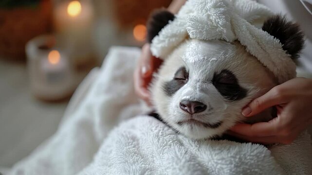 A cute baby panda wrapped in a fluffy towel at a spa, gently being patted on the cheeks with both hands. Candlelight flickers softly in the blurred background. 
