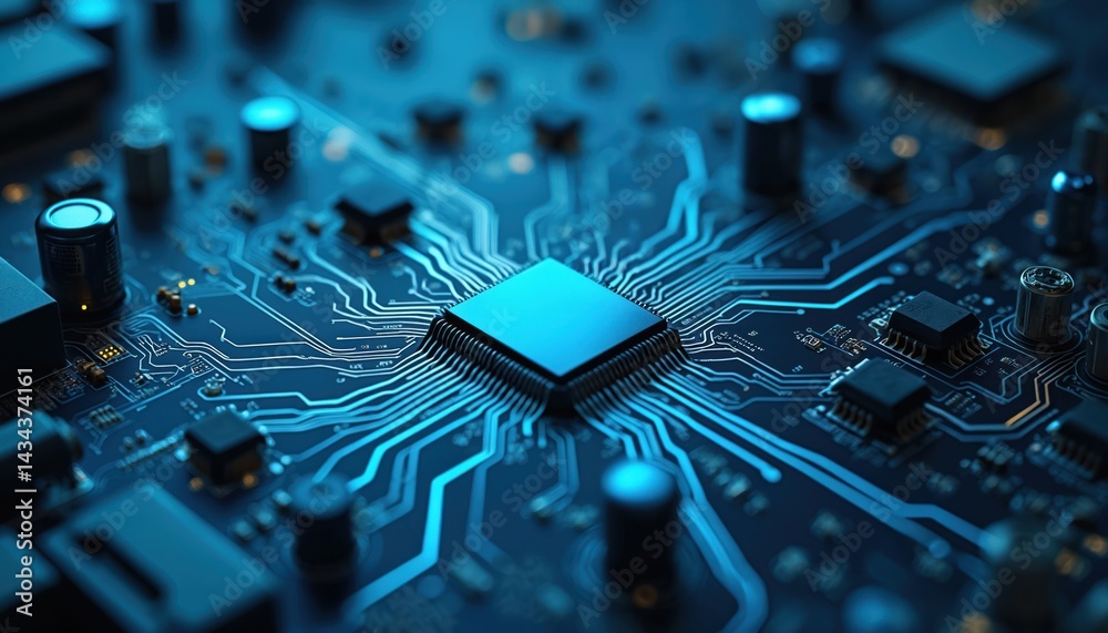 Poster close-up of computer motherboard circuit board with processor, chips. modern tech, digital innovatio