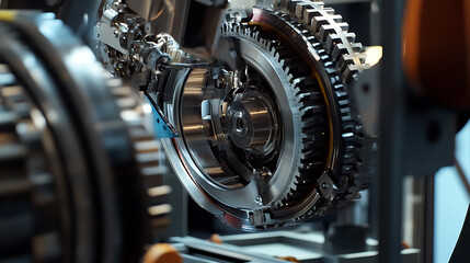 Mechanical arm assembling automotive gearboxes in an automotive manufacturing facility, organized tool stations and components visible, Gearbox assembly style