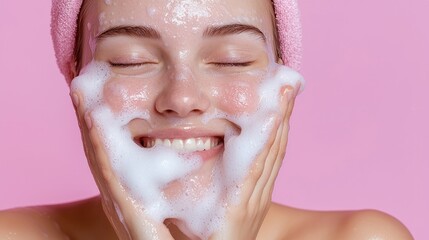 Woman applying facial cleanser foam