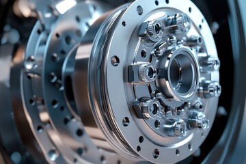 Closeup of a new heavy truck brake model featuring brake pads on a cut wheel hub and brake drum tutorial