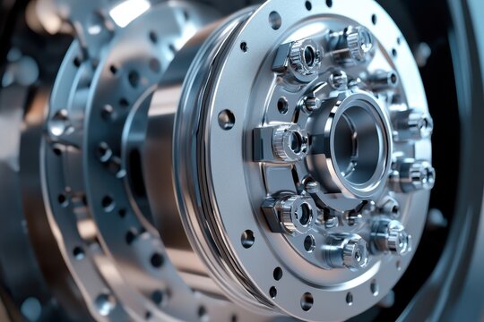 Closeup of a new heavy truck brake model featuring brake pads on a cut wheel hub and brake drum tutorial