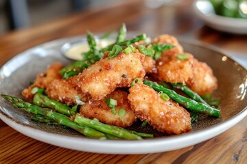 Cod fillet with asparagus on a wooden table