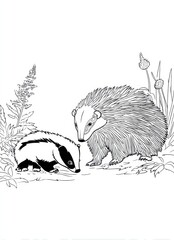 Badgers exploring a lush landscape during a tranquil day in nature with wildflowers and tall grasses around