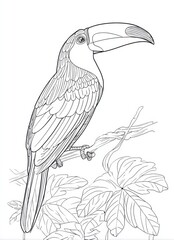 Colorful toucan perched on a branch surrounded by tropical leaves in a detailed artistic illustration