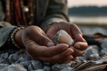 Hands Holding a Smooth Stone by the Water, Contemplation