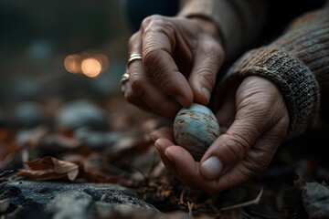 Close-up of Hands Holding a Round Stone, Nature Connection