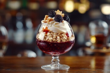 Cranachan is a traditional Scottish dessert featuring oats blackberries whisky and whipped cream served in a glass